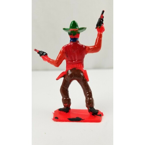 2 5/8" Tim Mee Plastic Cowboy Vintage Wild West Toy Figures Red w Green Hat - Picture 2 of 8